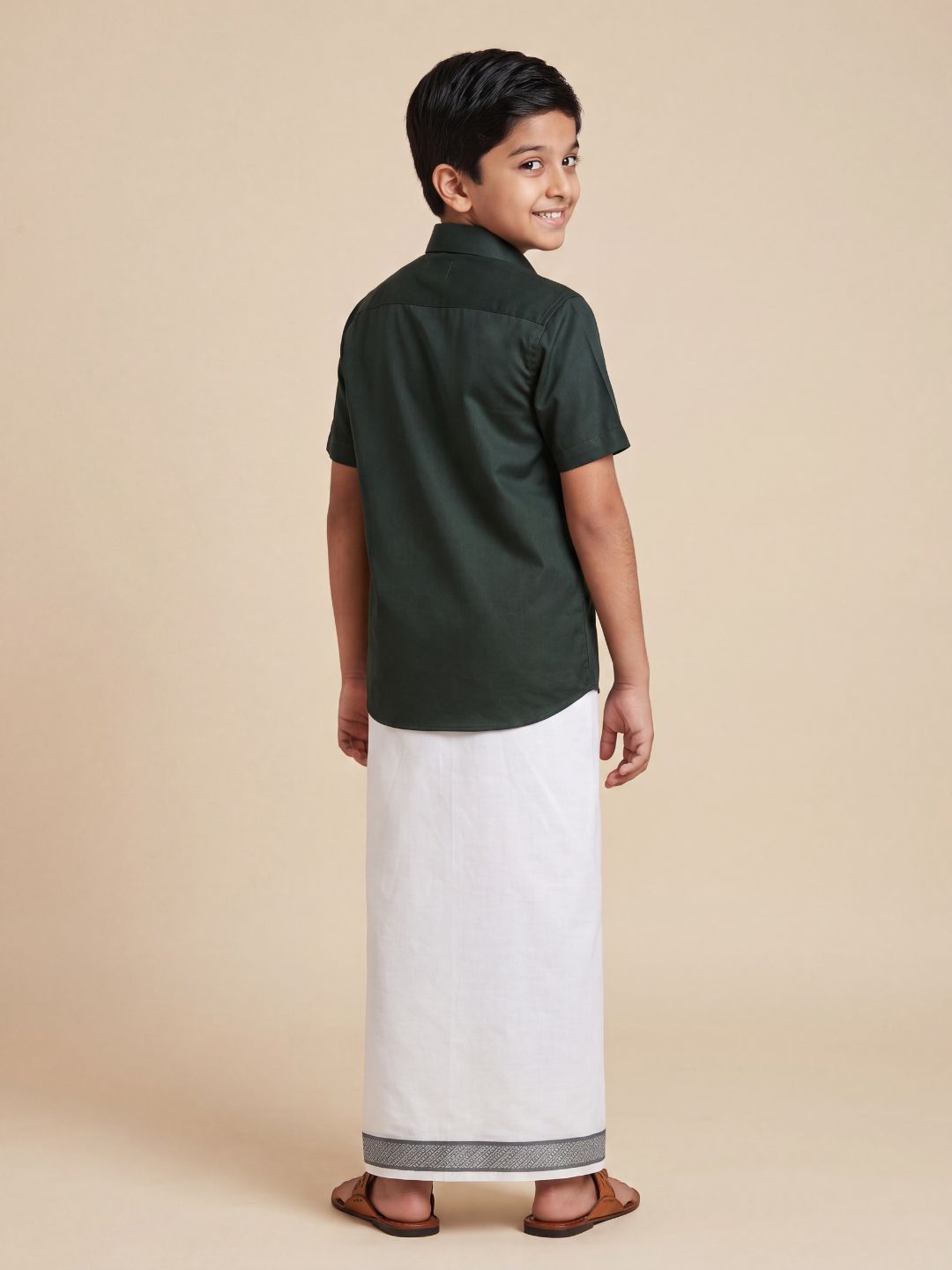 Boys 100% Cotton Dark Green Shirt and Fancy Border Dhoti Set BT10