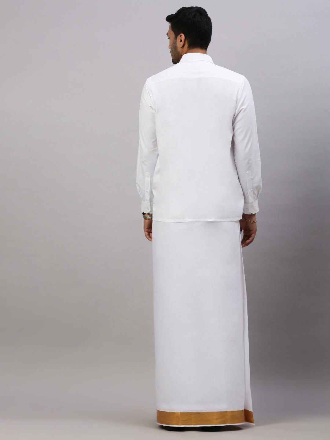 Men Double Dhoti White with Gold Jari 2" inch Gold Special Plain