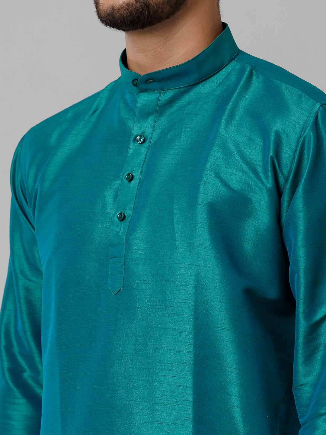 Mens Polyster Dark Green Medium Length Kurta with Art Silk Panchakacham Towel Combo SL04-Zoom view