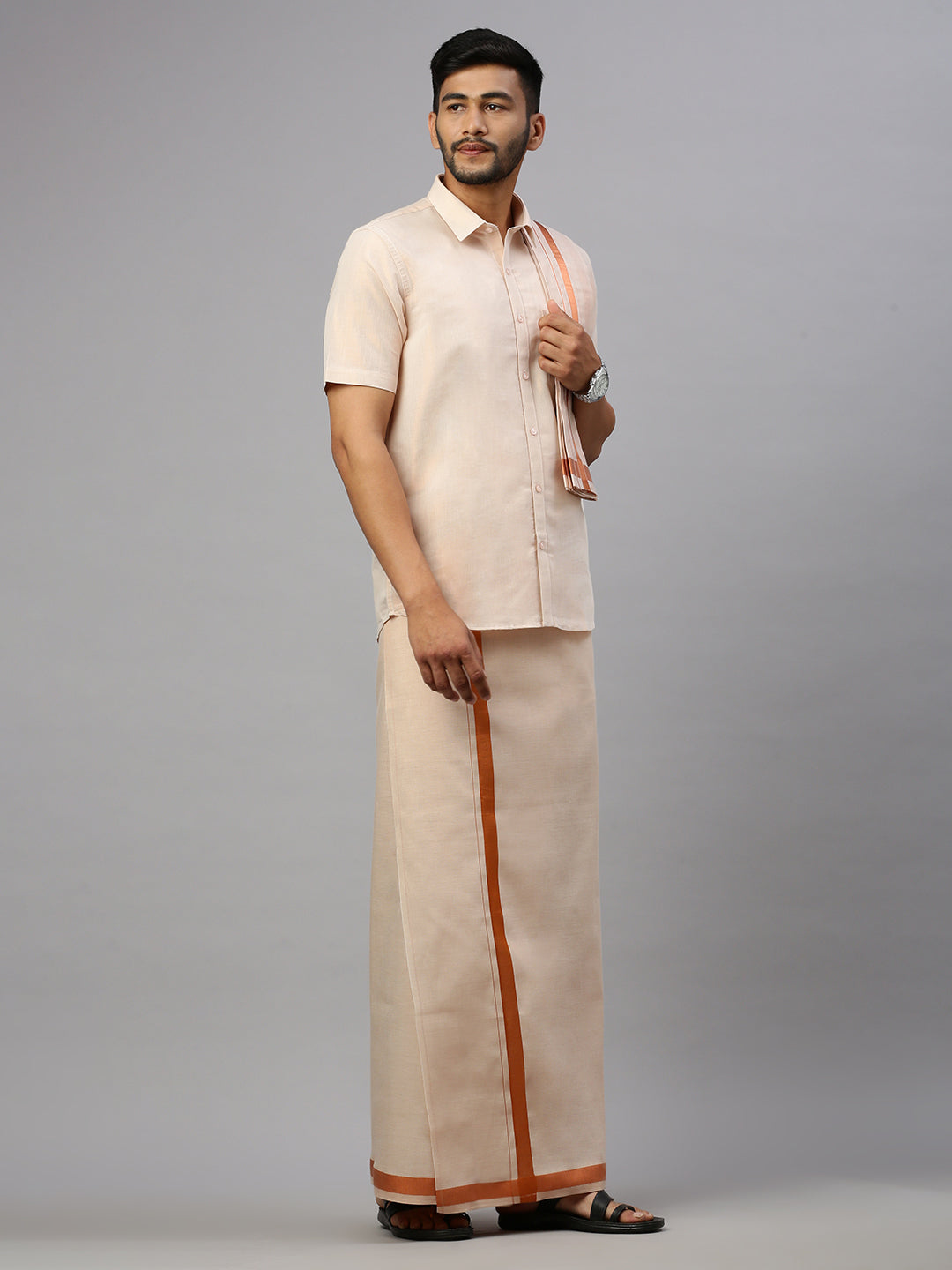 Men Tissue Copper Half Sleeve Shirt Jari Dhoti & Towel Set