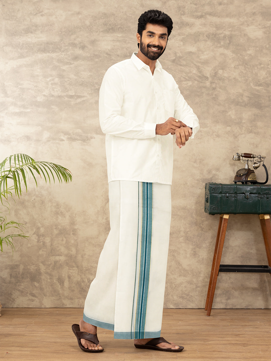 Men Kora Cotton Double Layer Dhoti with Green Fancy Jari Border EGJ19