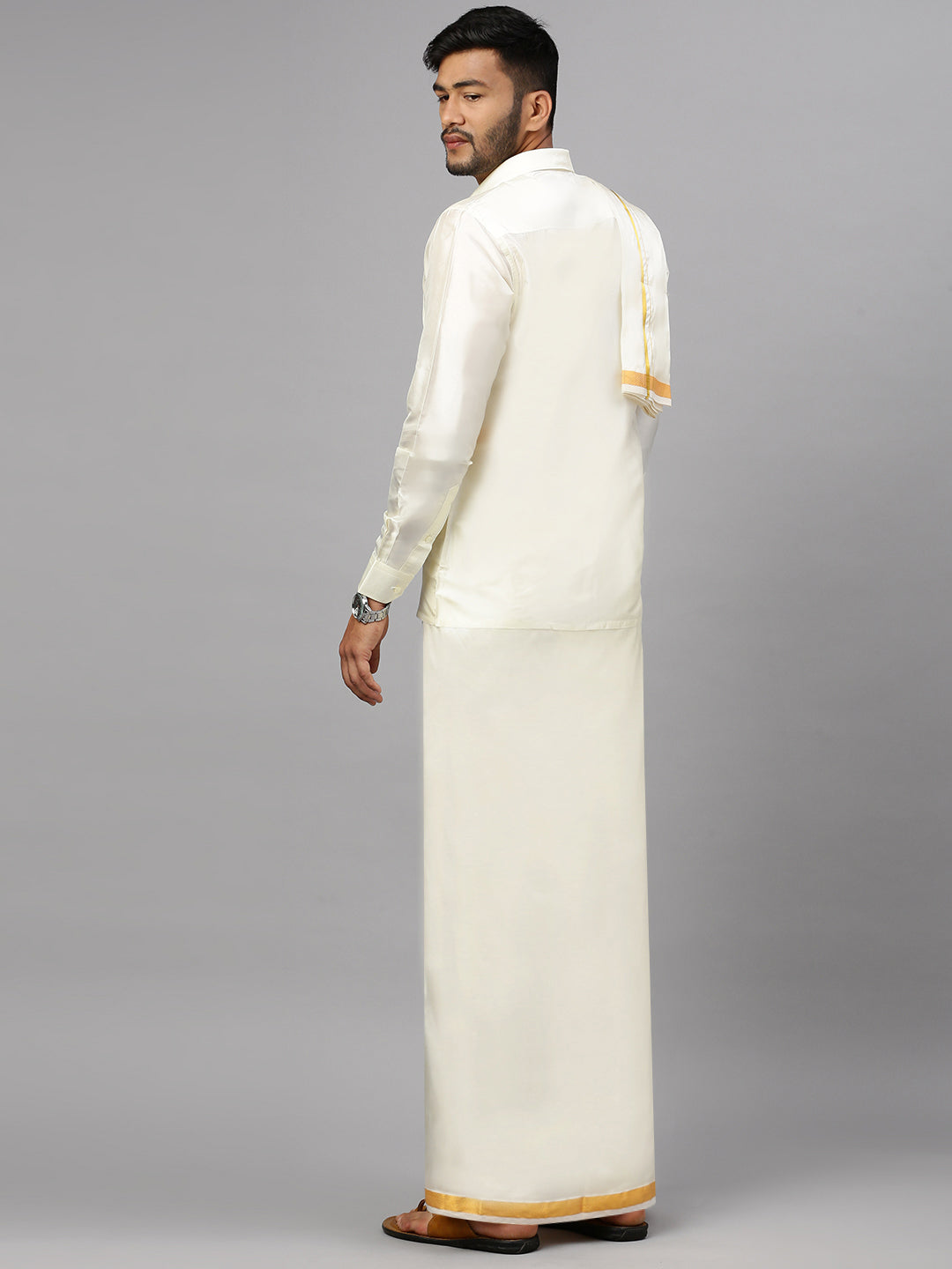 Mens Cream Art Silk Full Sleeves Shirt, Readymade Double Dhoti & Towel Combo