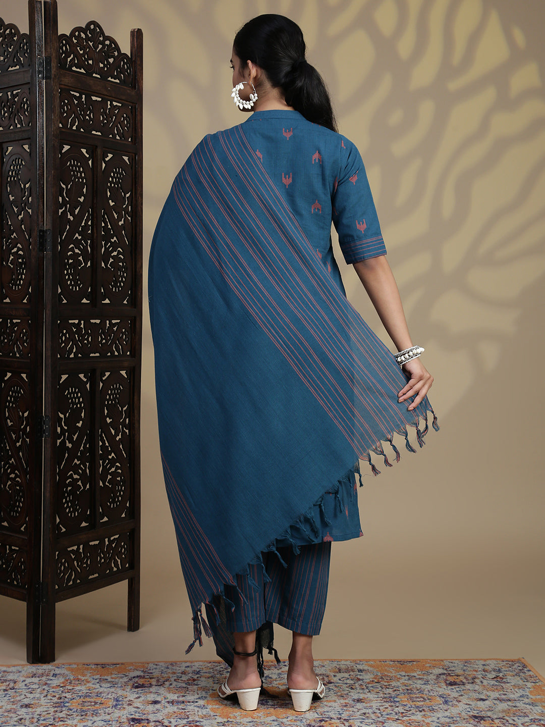 Women Cotton Blue Stripes Design Kurti Set EKS96