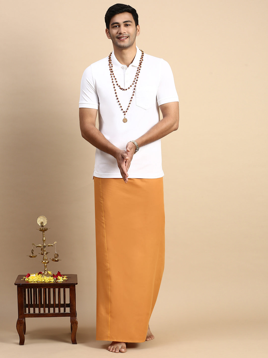 Men Devotional Small Border Dhoti & TShirt Set Kaavi EP1