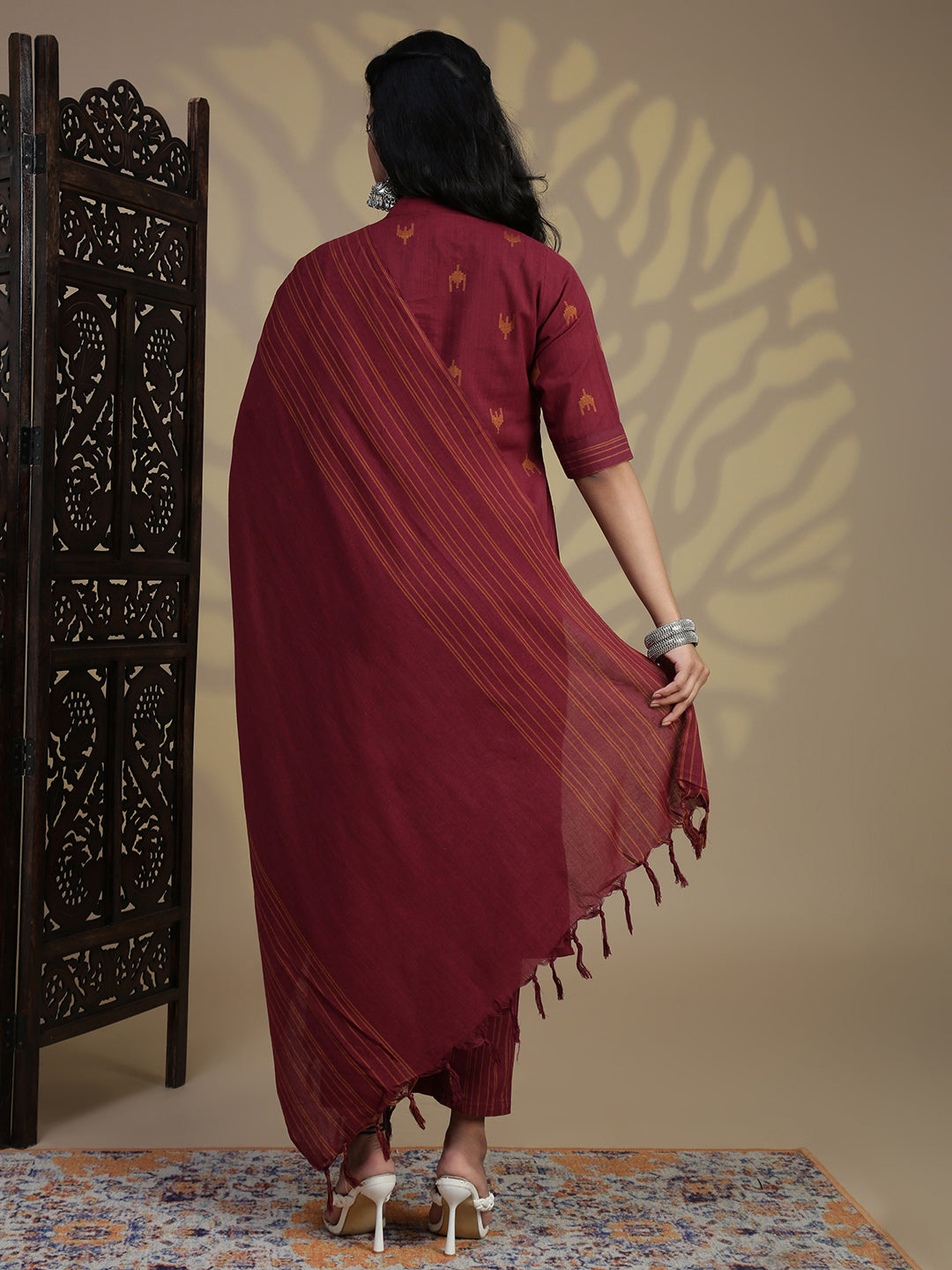 Women Cotton Maroon Stripes Design Kurti Set EKS95