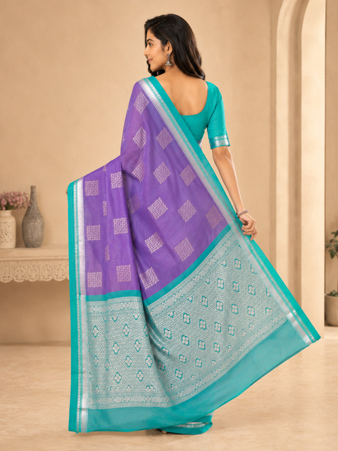 Women Dark Purple Kora Cotton Saree SK136