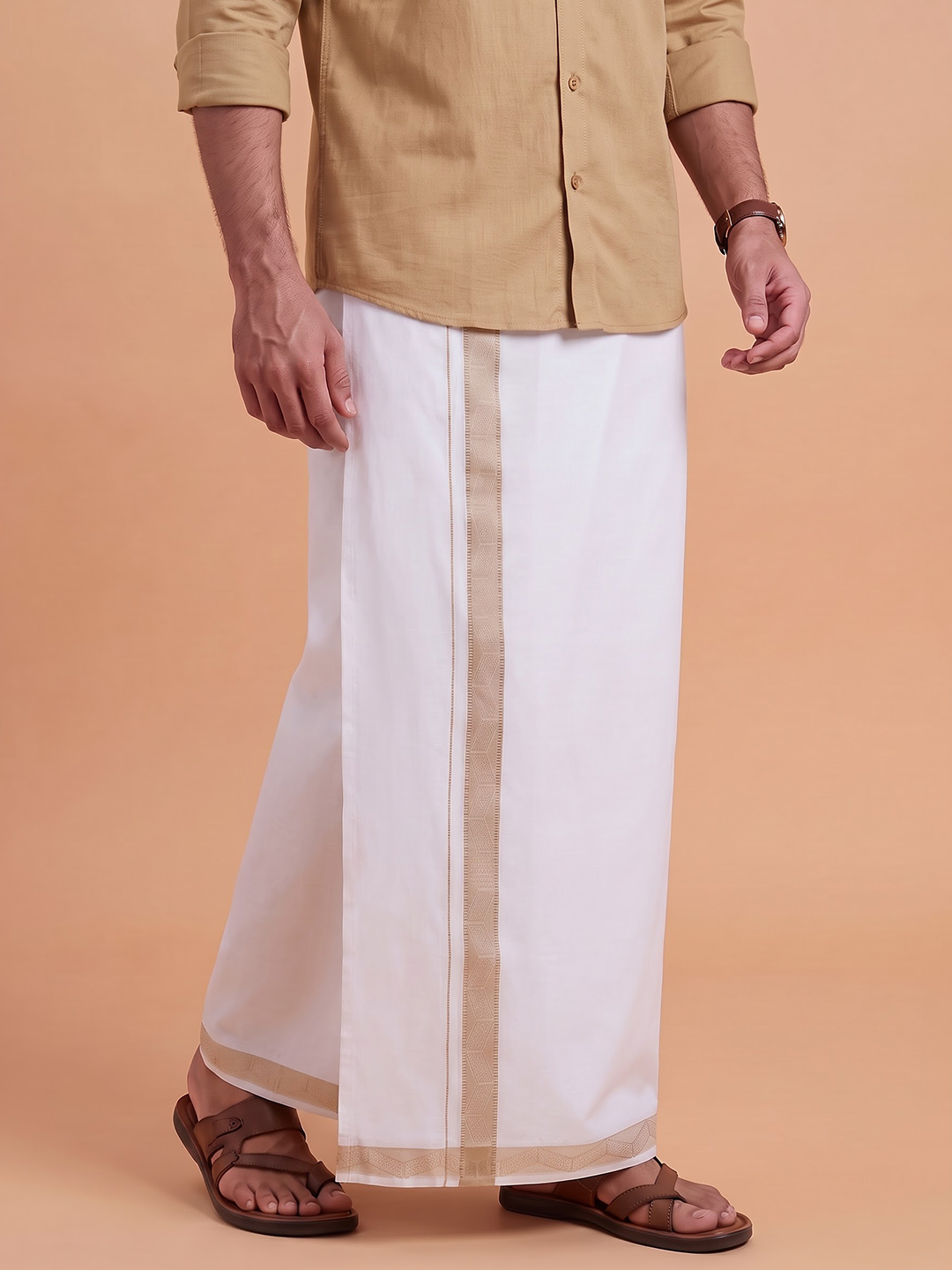 Single Layer Cotton Blend White Dhoti With Beige Jacquard Design Border ELC03