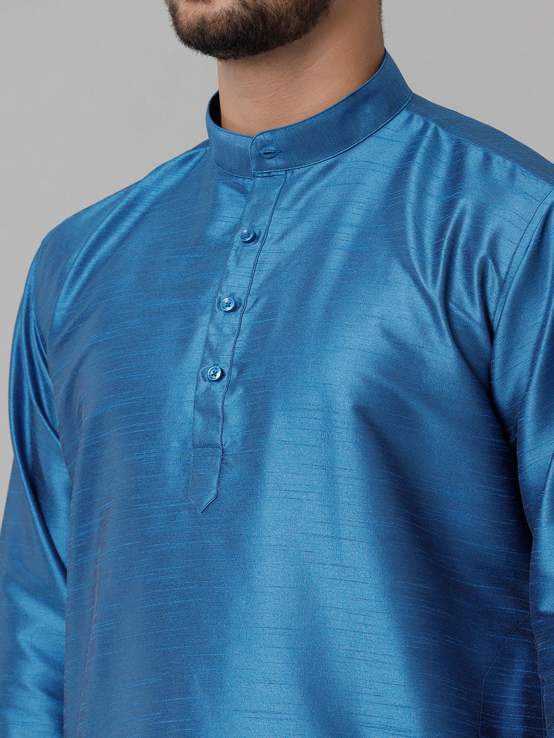 Mens Polyster Blue Medium Length Kurta with Art Silk Jari Dhoti Combo SL01-Zoom view