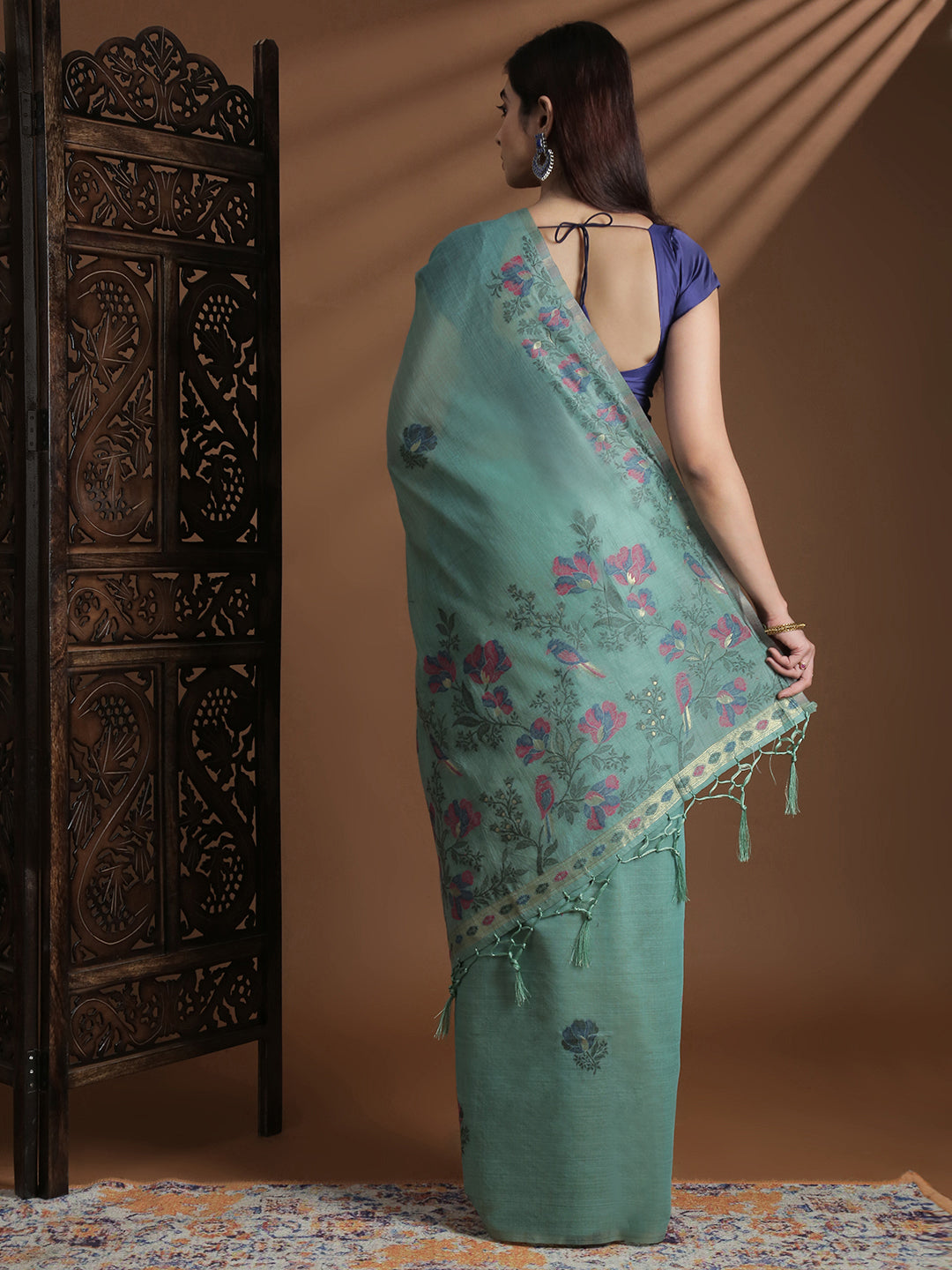 Women Pine Green Cotton Weaving Saree PCS252