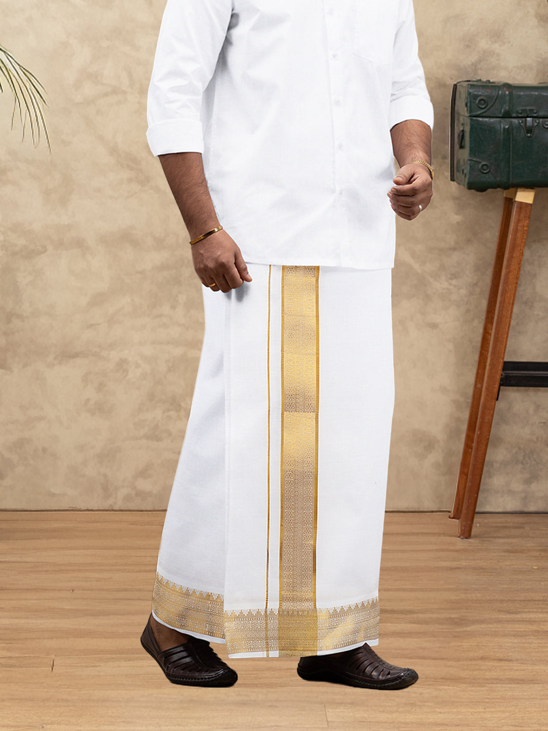 Men 100% Cotton Single Layer White Dhoti with Gold Jari Border Aura 301