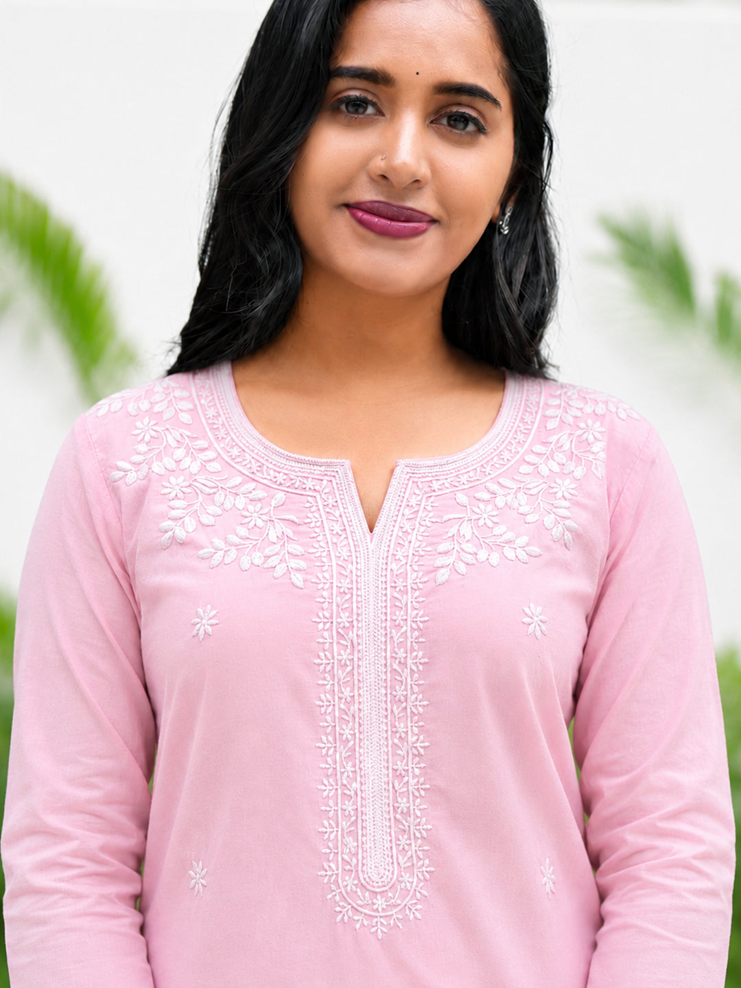 Women Cotton Embroidered Baby Pink Kurti Set EKS140