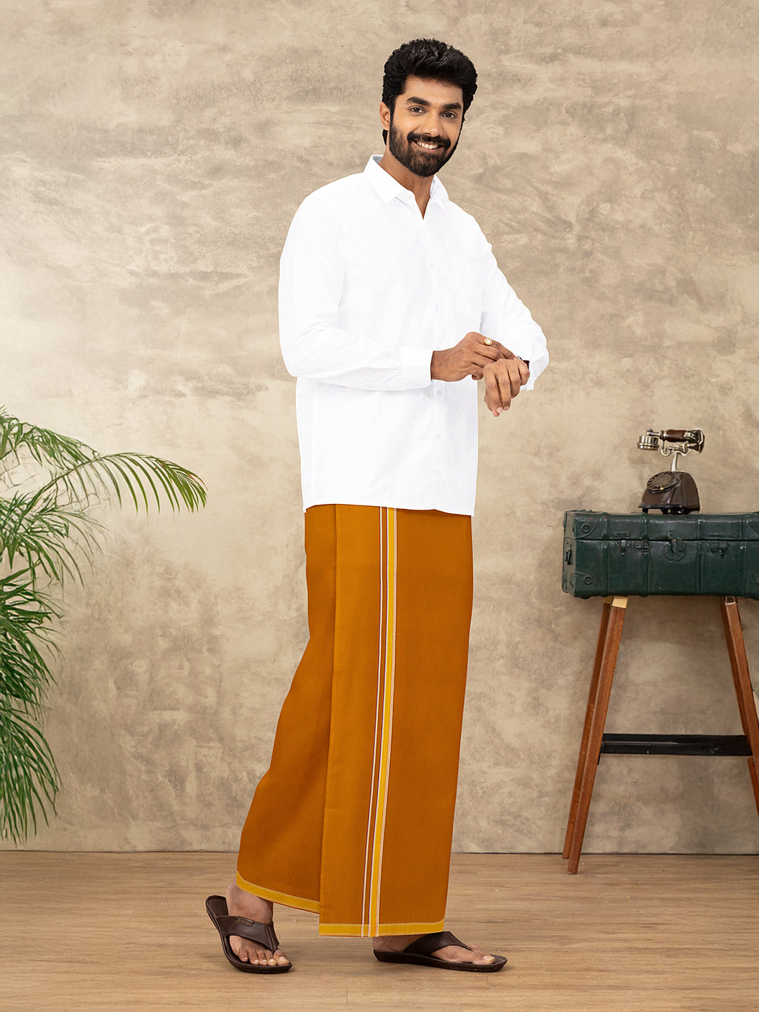 Men Cotton Blend Single Layer Kaavi Dhoti with Fancy Border Enchant Colour 1 EC02