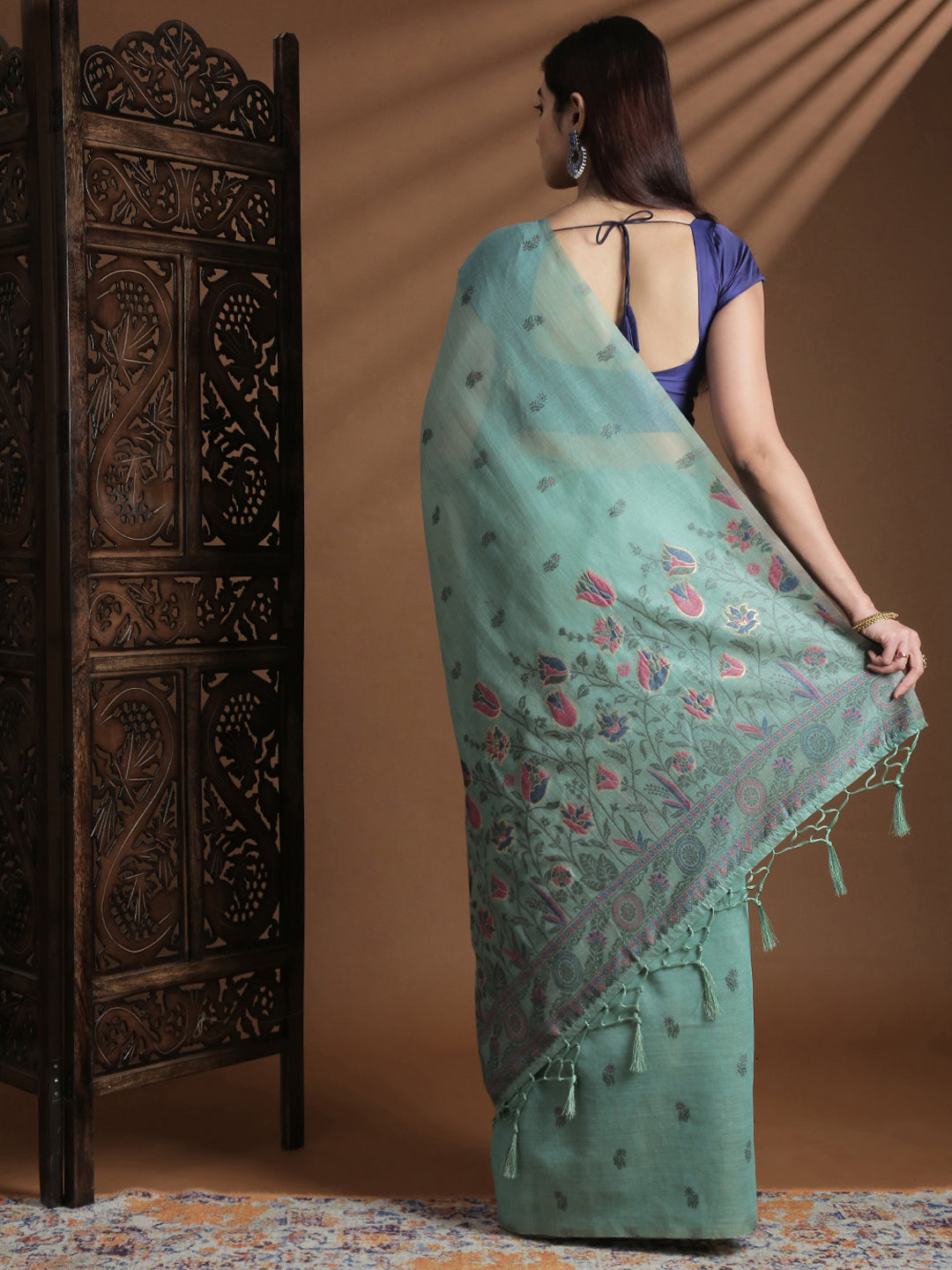 Women Sea Green Cotton Weaving Saree PCS256