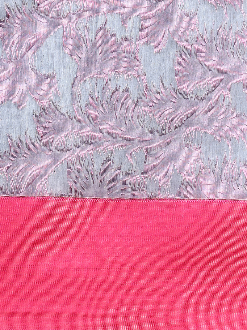 Stylish Grayish Blue with Contrast Pink Border Semi Kora Cotton Saree SK86