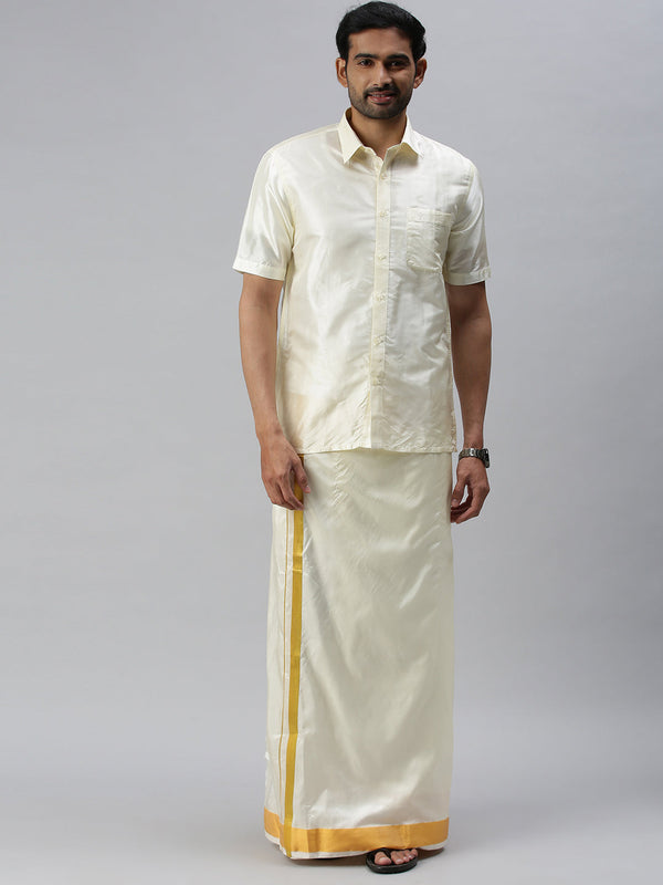 Mens Silk Feel Cream Shirt Half Sleeves with Readymade Dhoti Combo