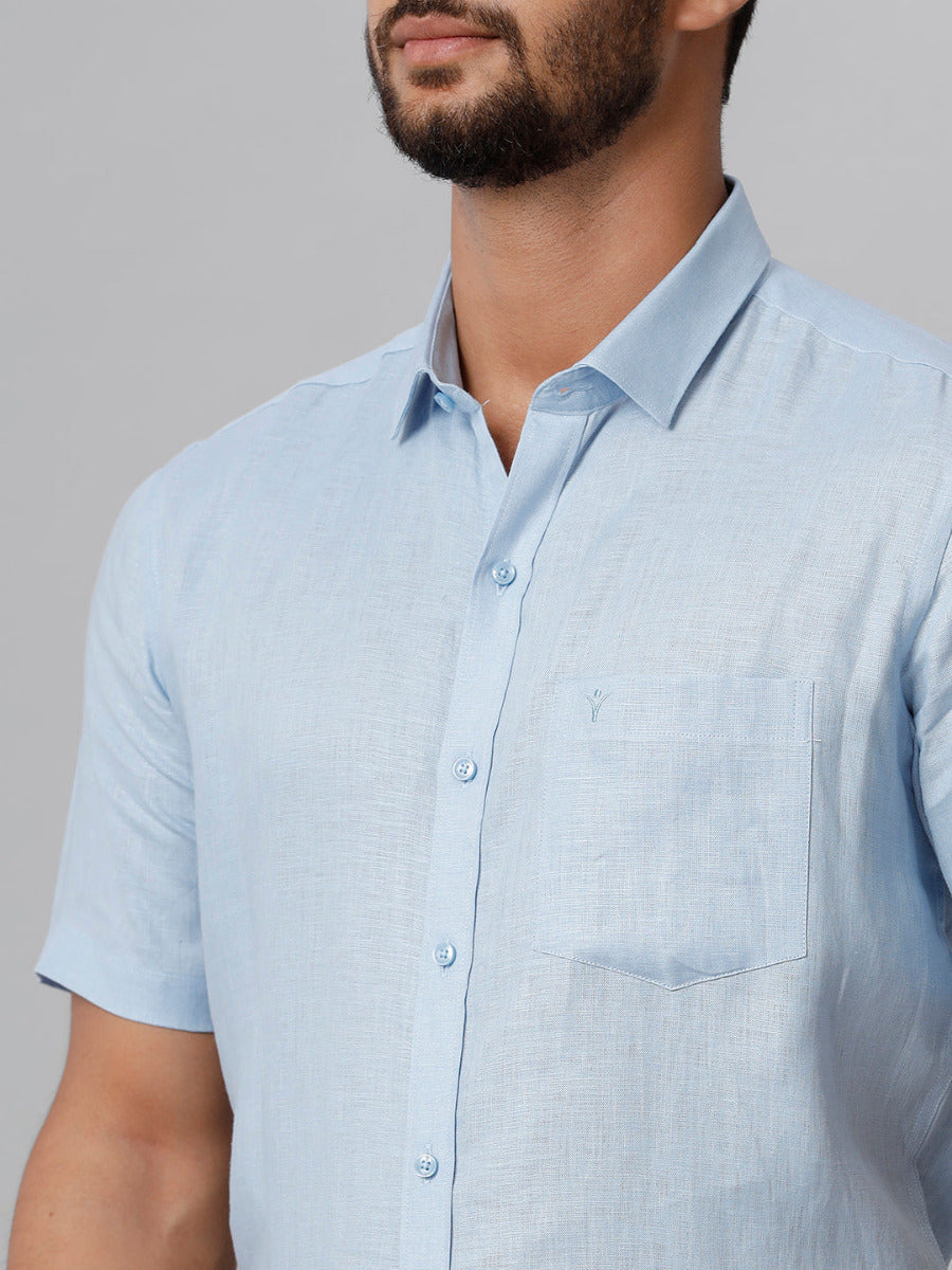 Mens Pure Linen Blue Smart Fit Half Sleeves Shirt-Zoom view