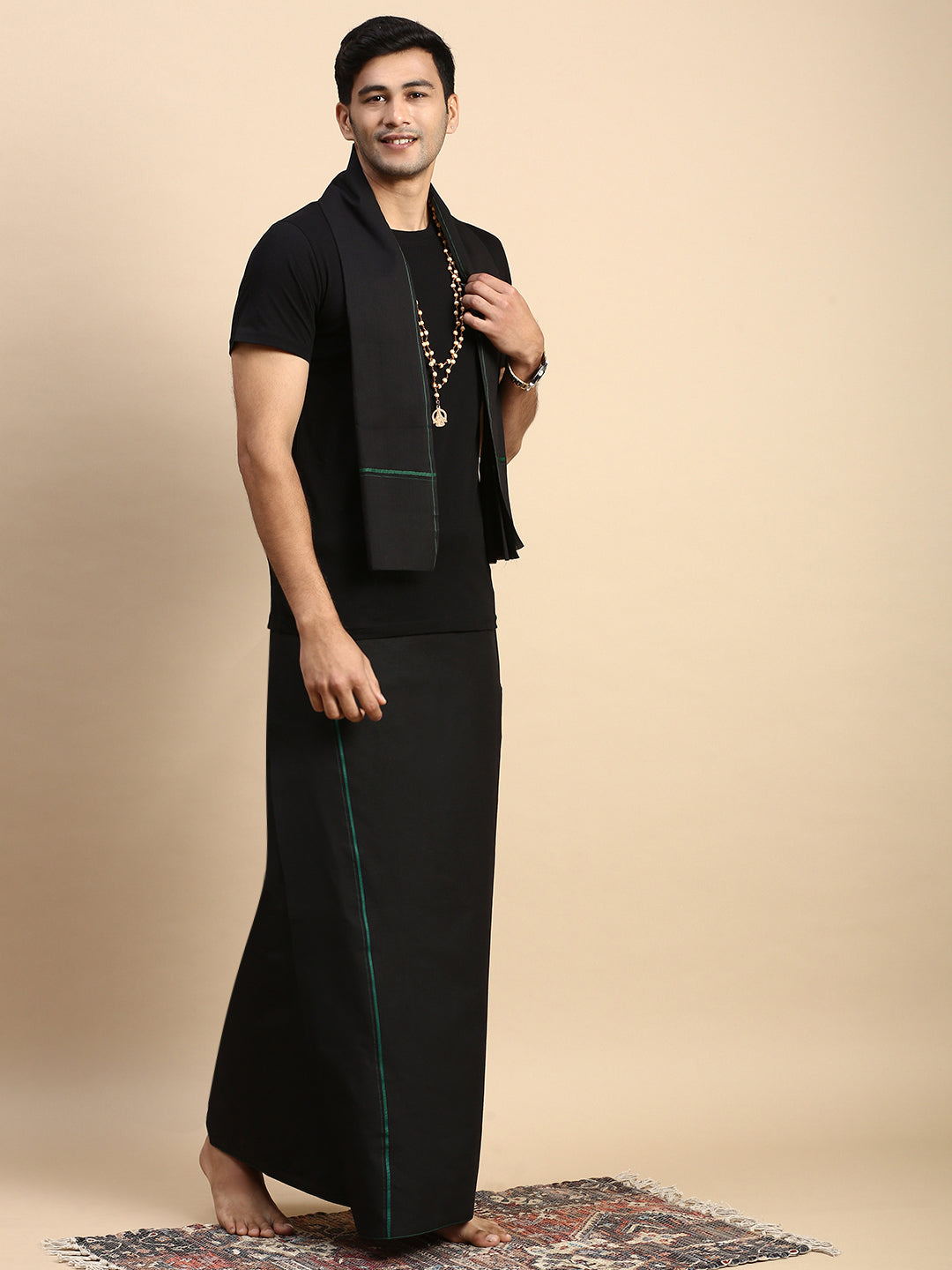 Men Devotional Small Border Dhoti with Towel & TShirt Set Black ET14