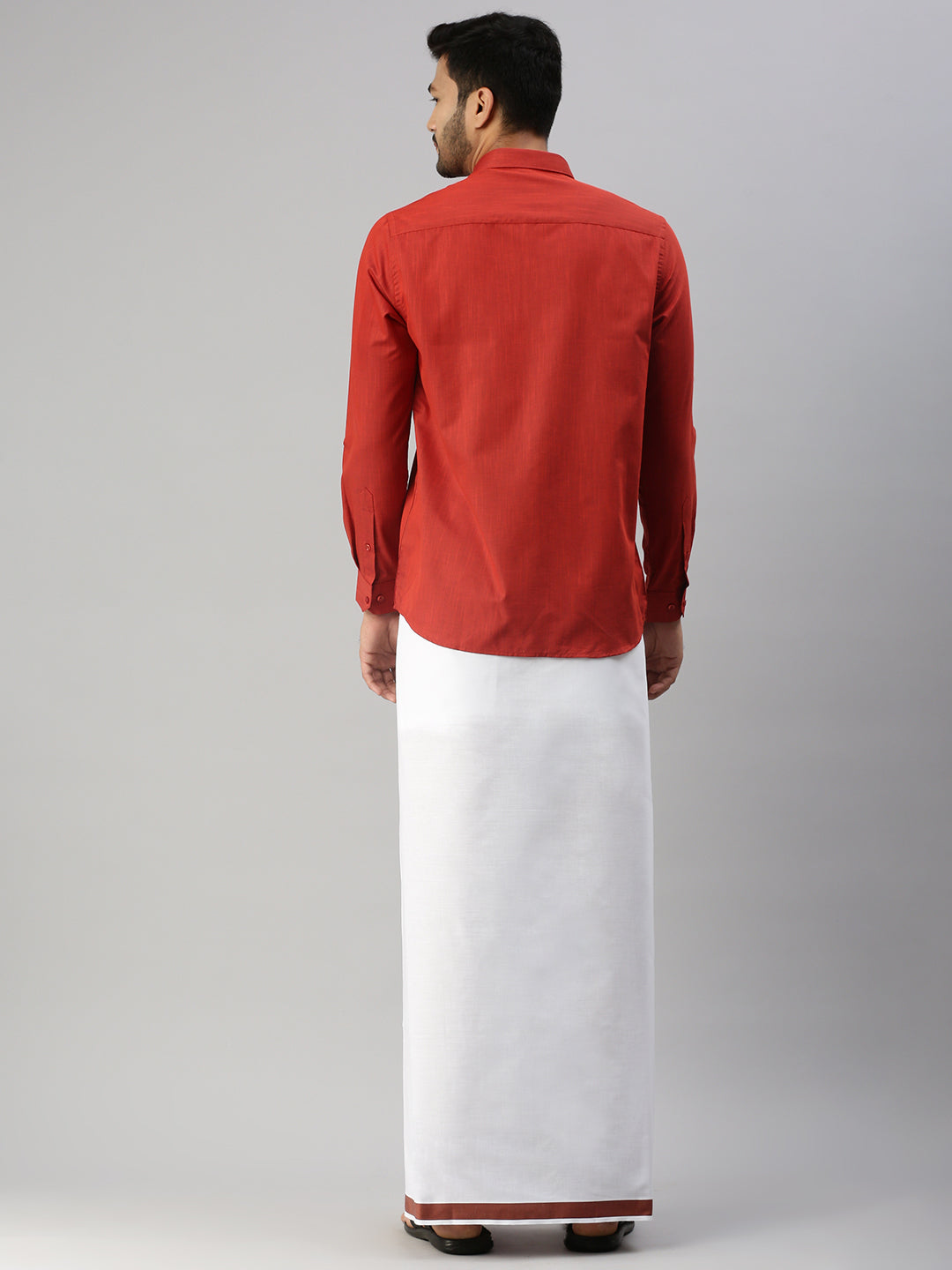 Mens Red Matching Border Dhoti & Full Sleeves Shirt Set Evolution IC5-Back view