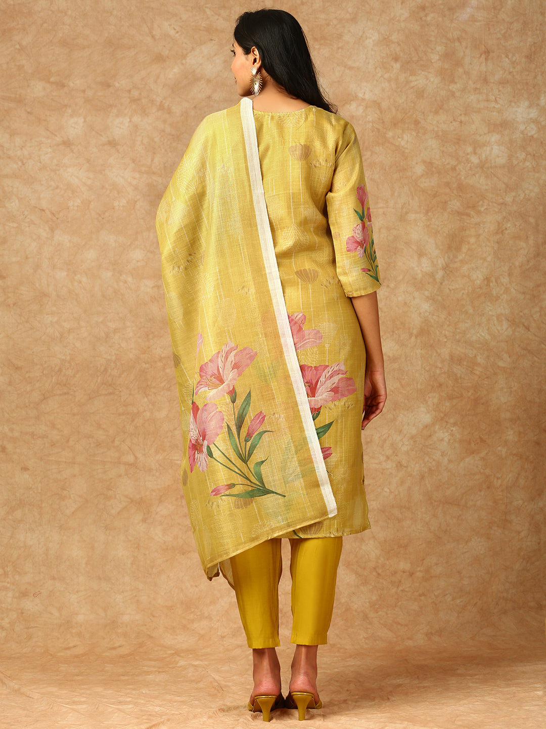 Women Tissue Printed Kurti Set Yellow EKS36