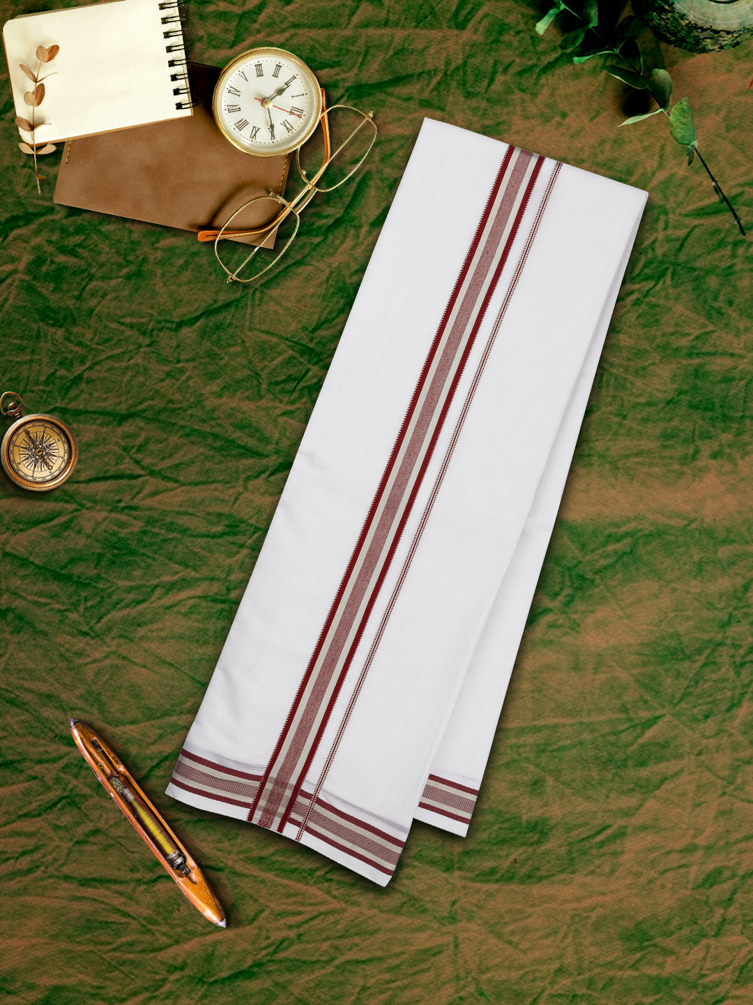 Mens Premium Handloom White Double Dhoti with Maroon Fancy Border HLM4206-View one