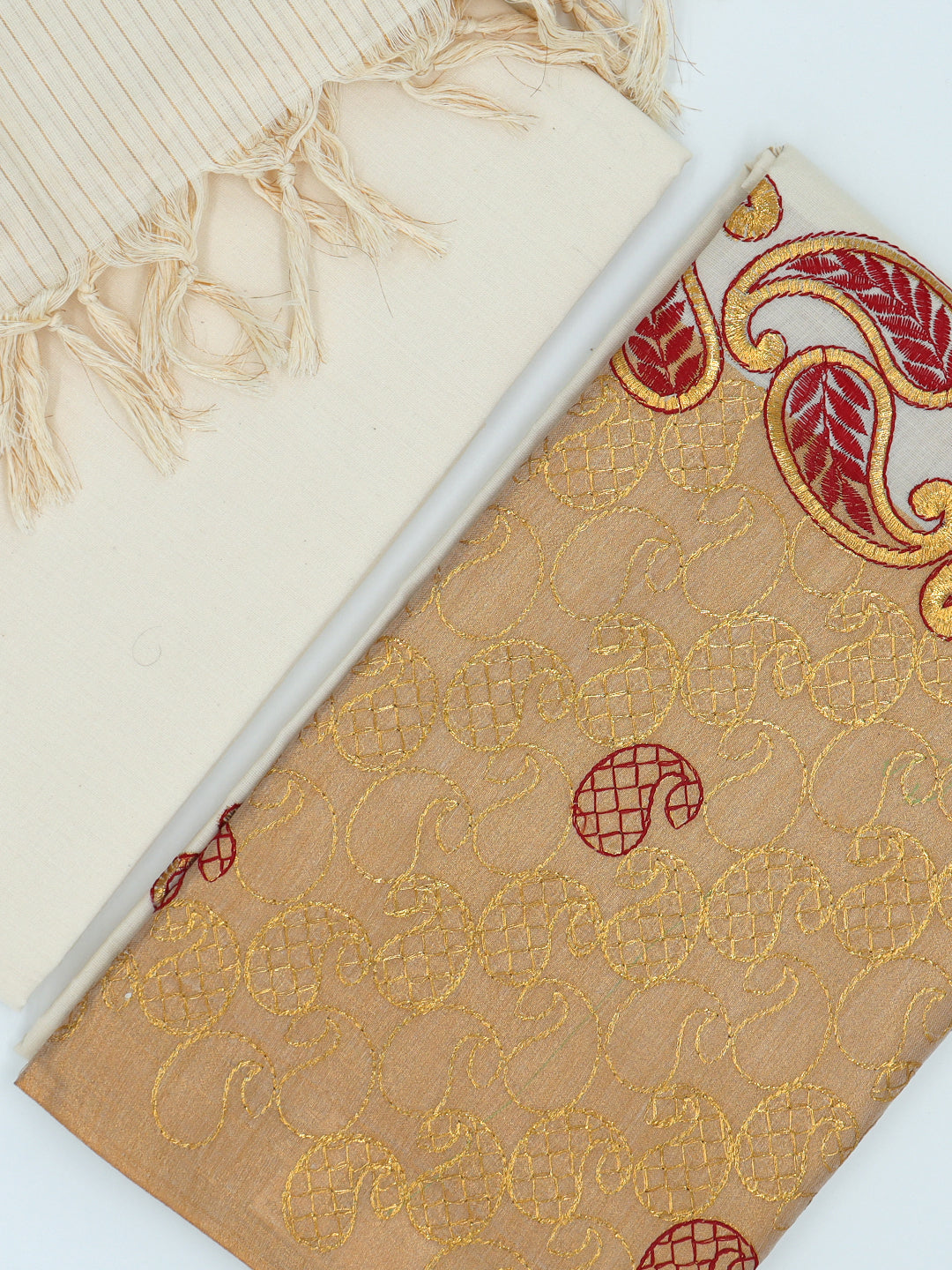 Women Kerala Style Cream Embroidered Cotton Dress Material DM364