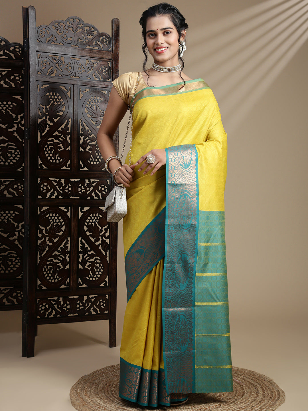 Women Yellow with Green Art Silk Saree ASS113