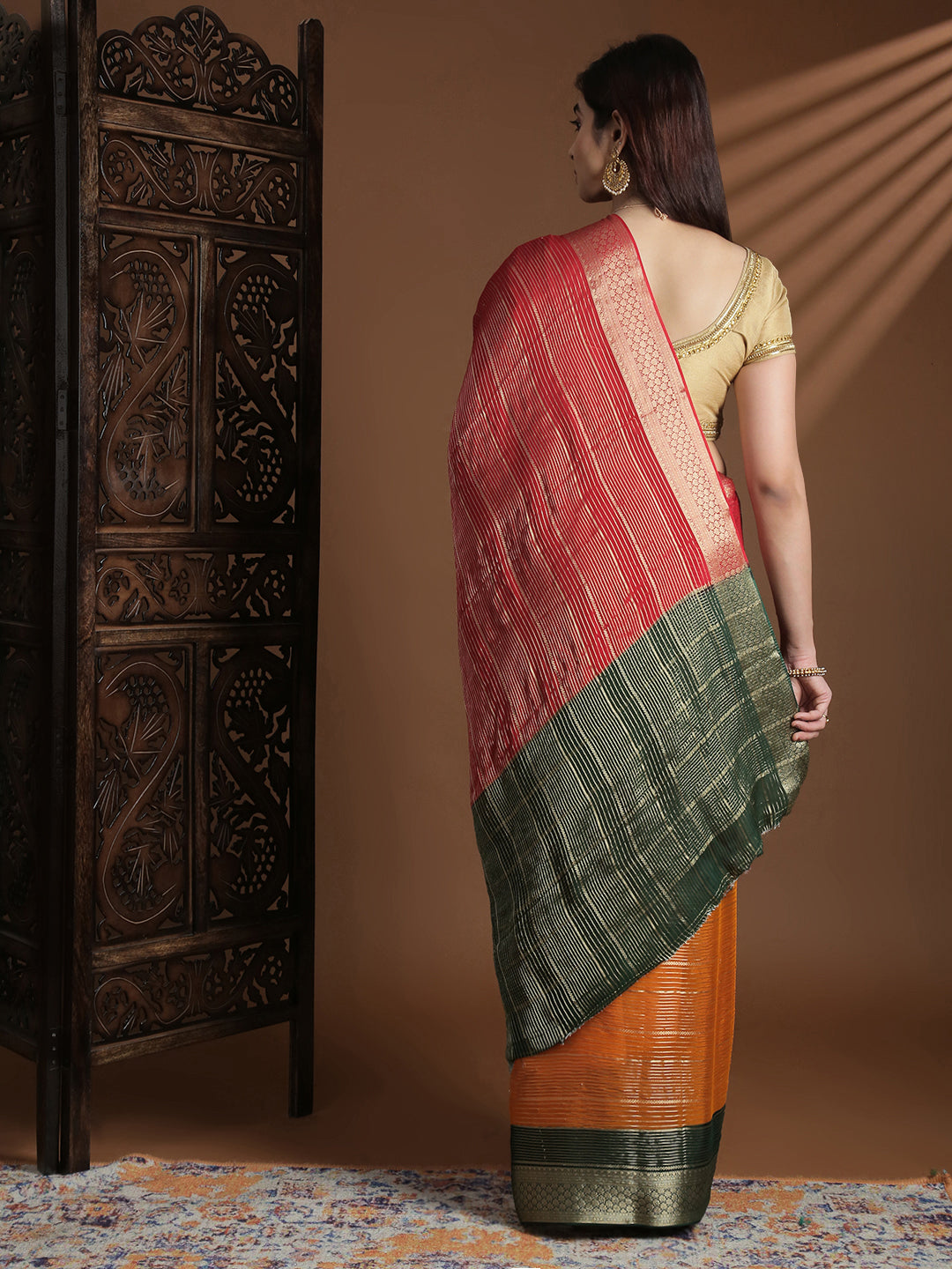 Women Semi Mysore Silk Saree Red with Orange SS396