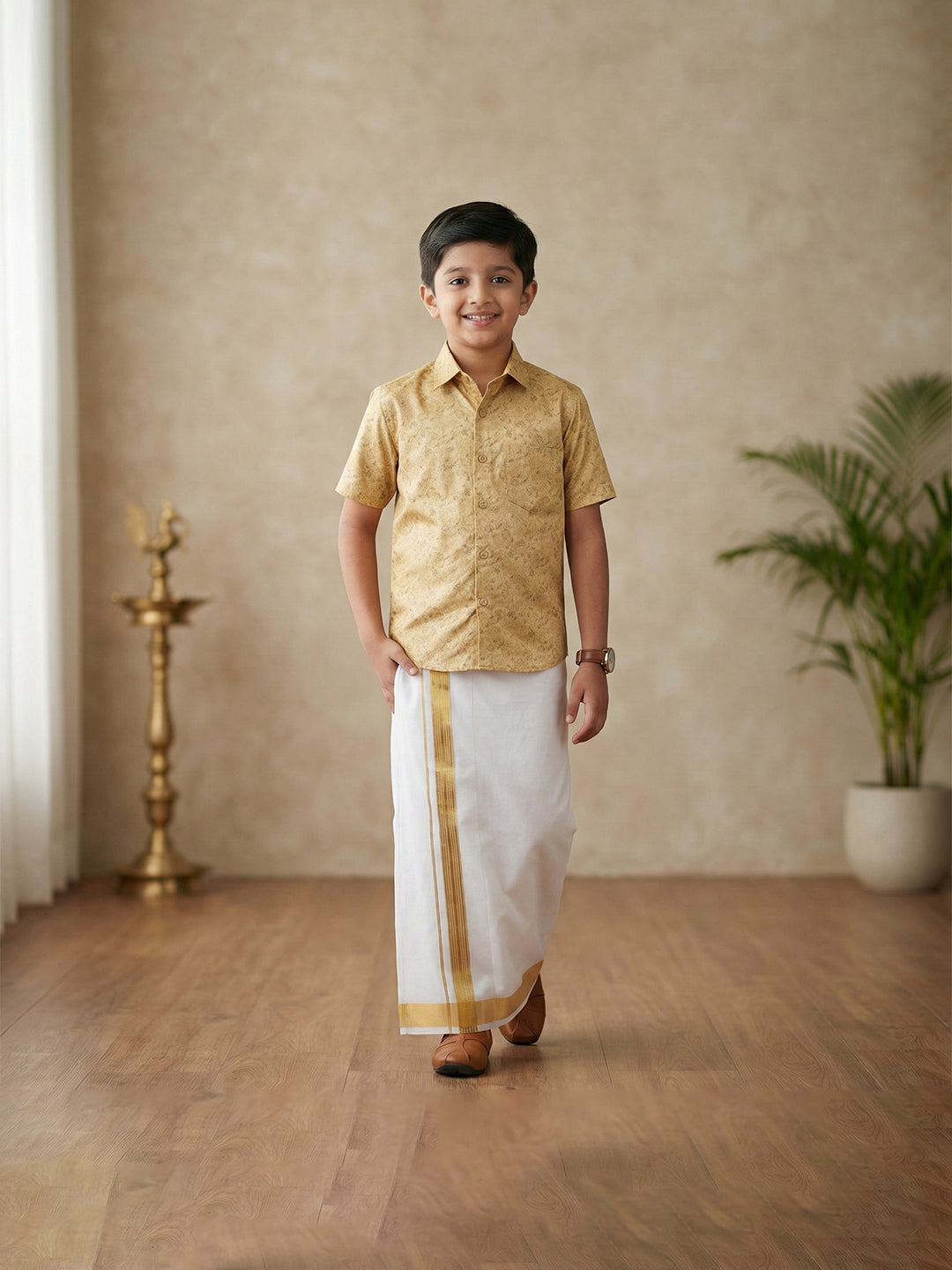 Like Father Like Son Matching Border Dhoti with Printed Shirt Combo Set Sandal PS21