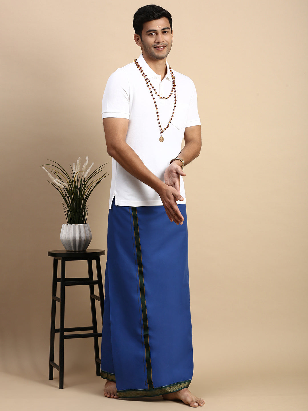 Men Devotional Mayilkhan Border Dhoti & TShirt Set Blue EP1