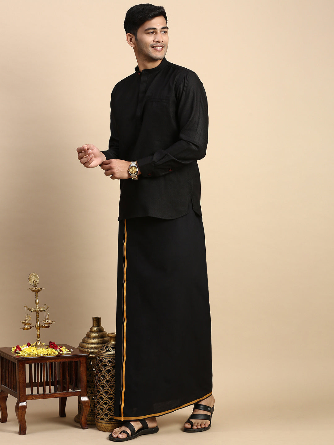 Men Devotional Big Border Dhoti & Kurta Set Black KP6