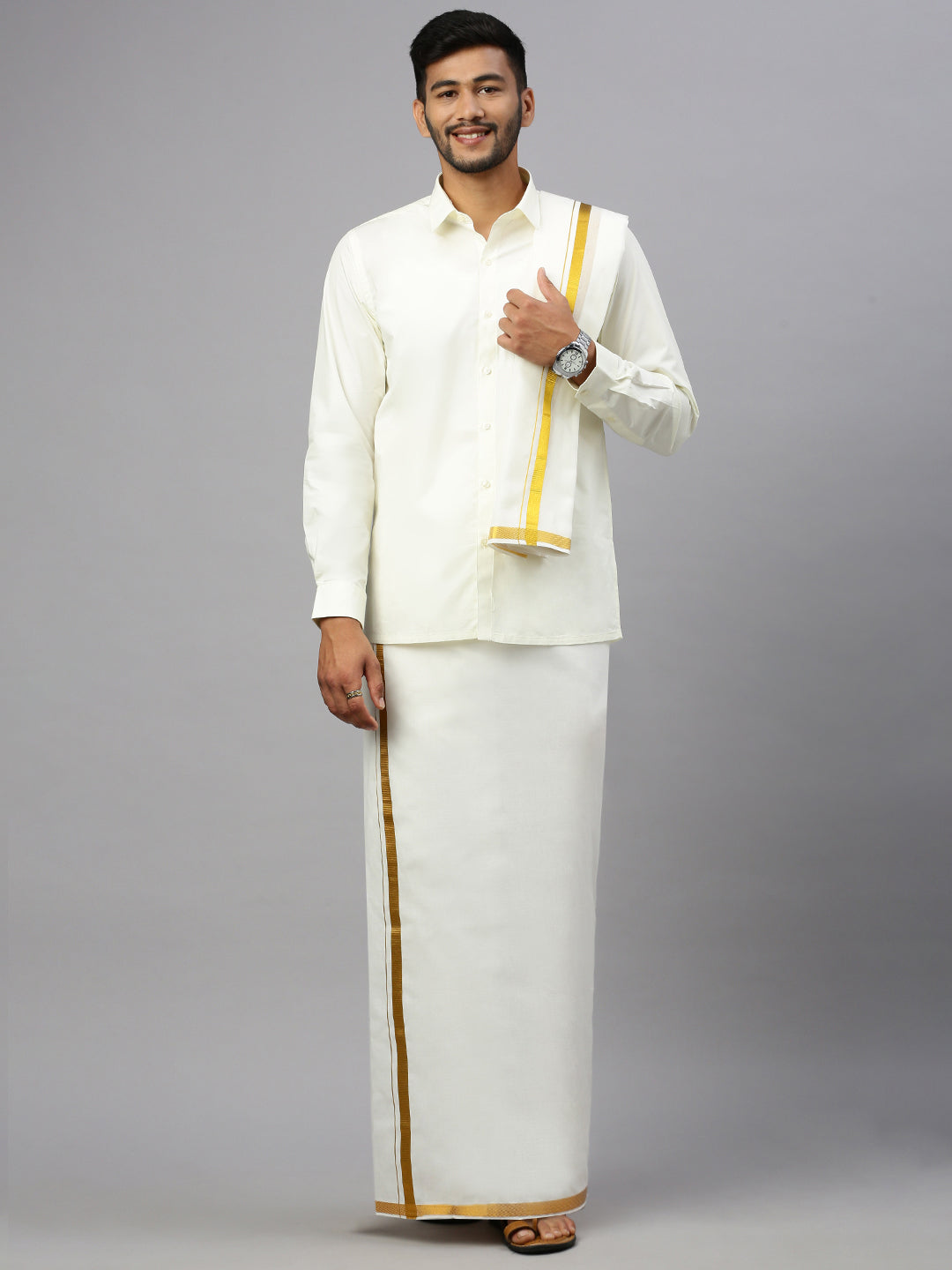 Mens Premium Wedding Cream Dhoti with shirt Bit & Towel Set