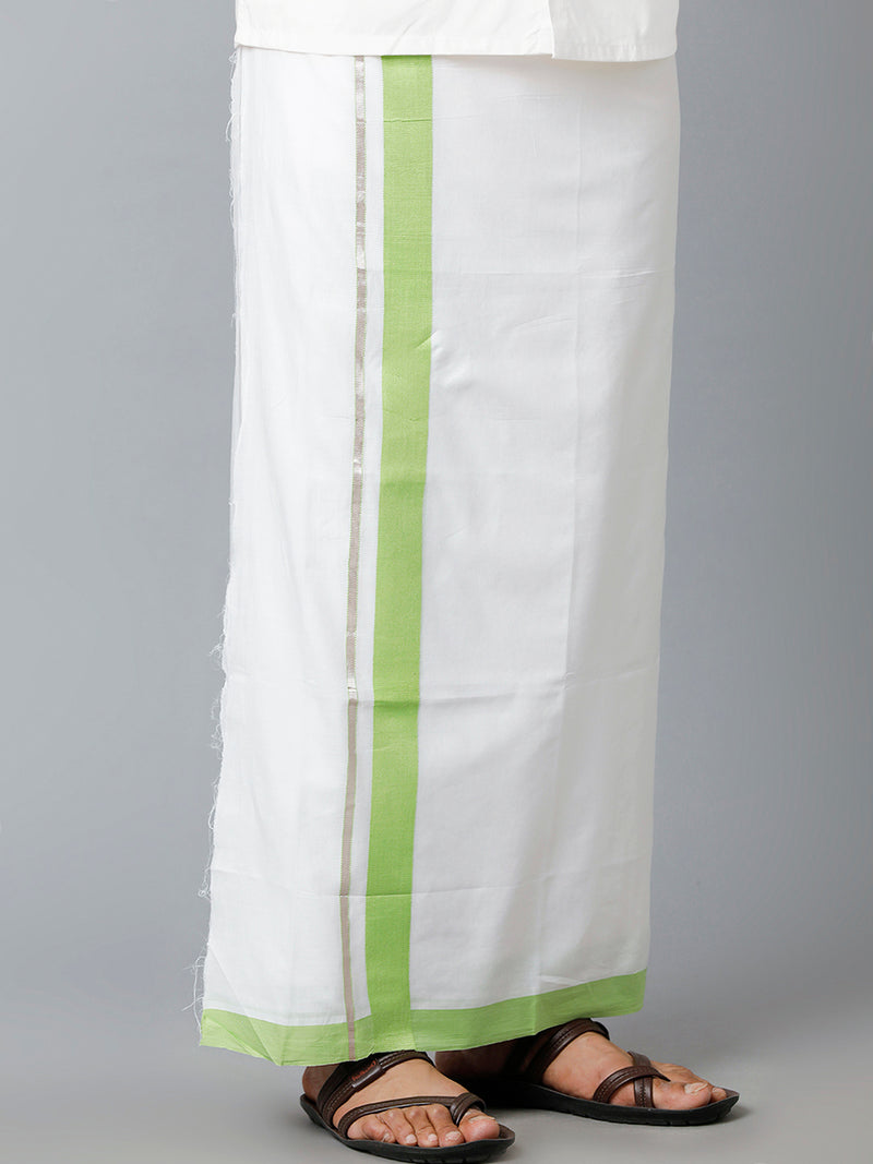 Mens 100% Cotton Double Dhoti with Light Green Border Shukla Jari Fancy