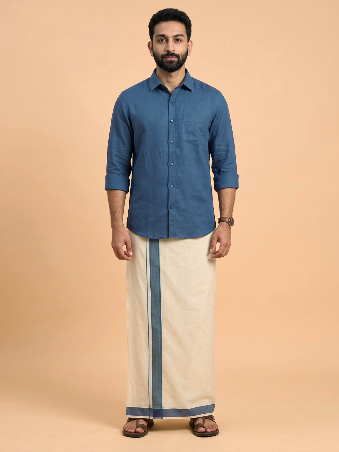 Double Layer Premium Handloom Cream Dhoti with Colour Border - HLM120
