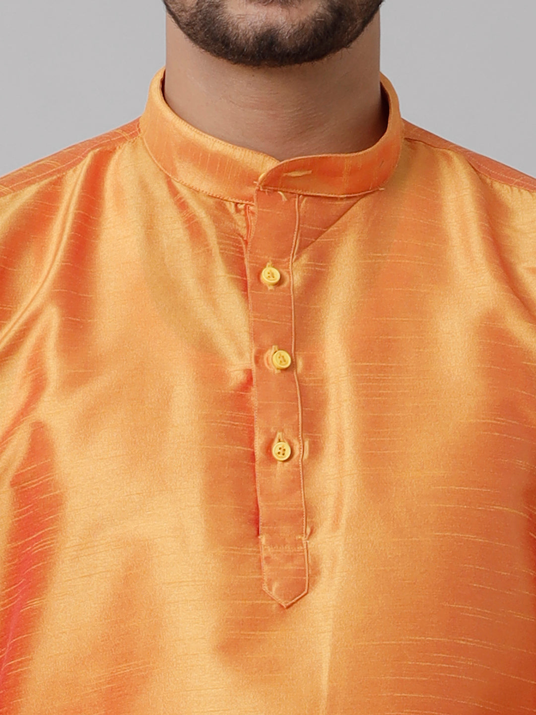 Mens Polyster Orange Medium Length Kurta with White 3/4" Gold Jari Dhoti Combo SL03-Zoom view