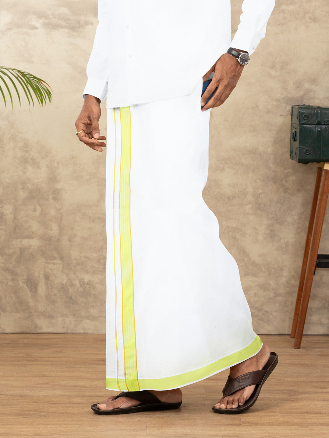 Men Cotton Blend Readymade Single Layer White Dhoti with Fancy Jari Border GACJ39