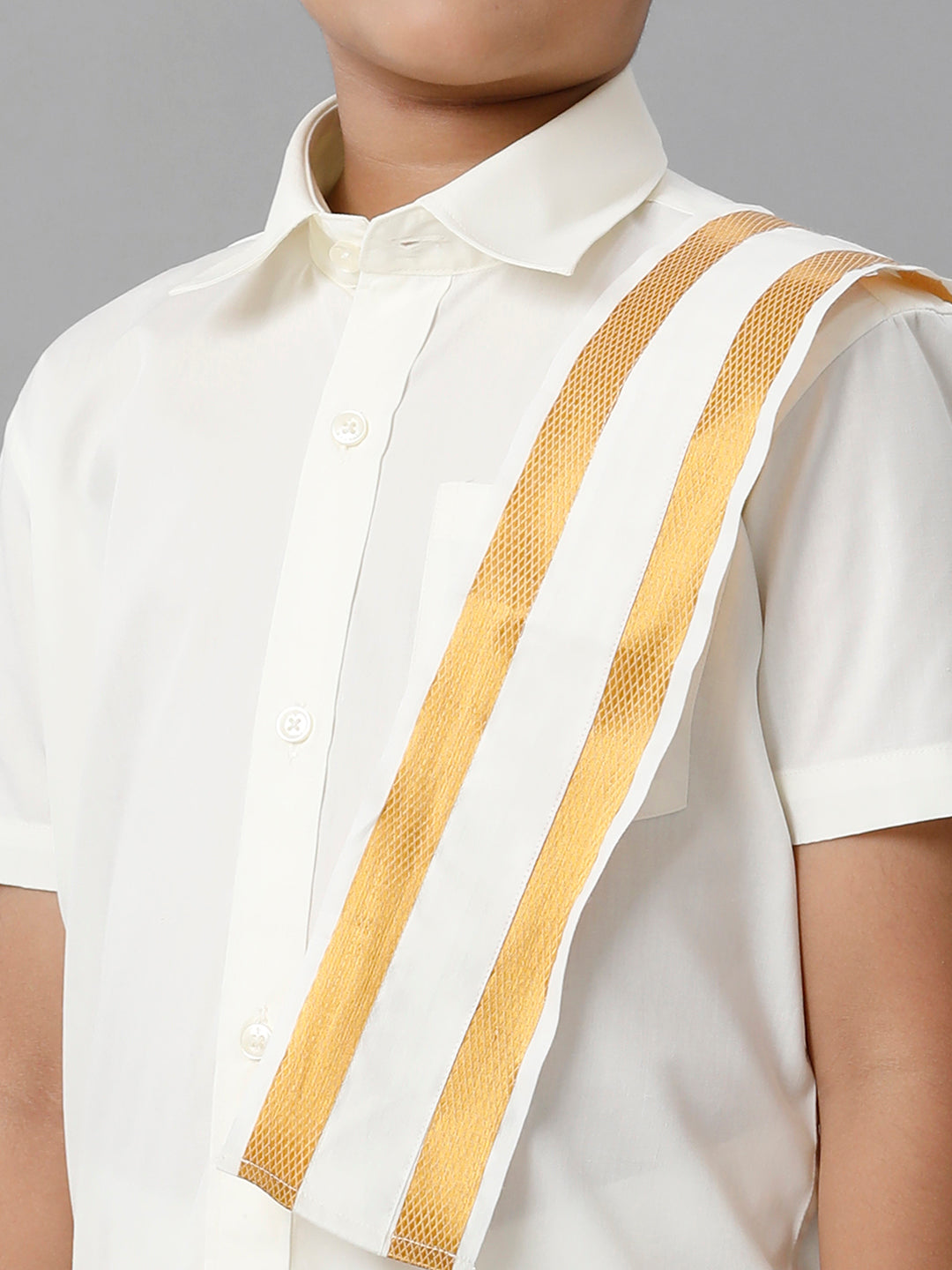 Boys Cotton Cream Half Sleeves Shirt Dhoti with Towel Set-Zoom view