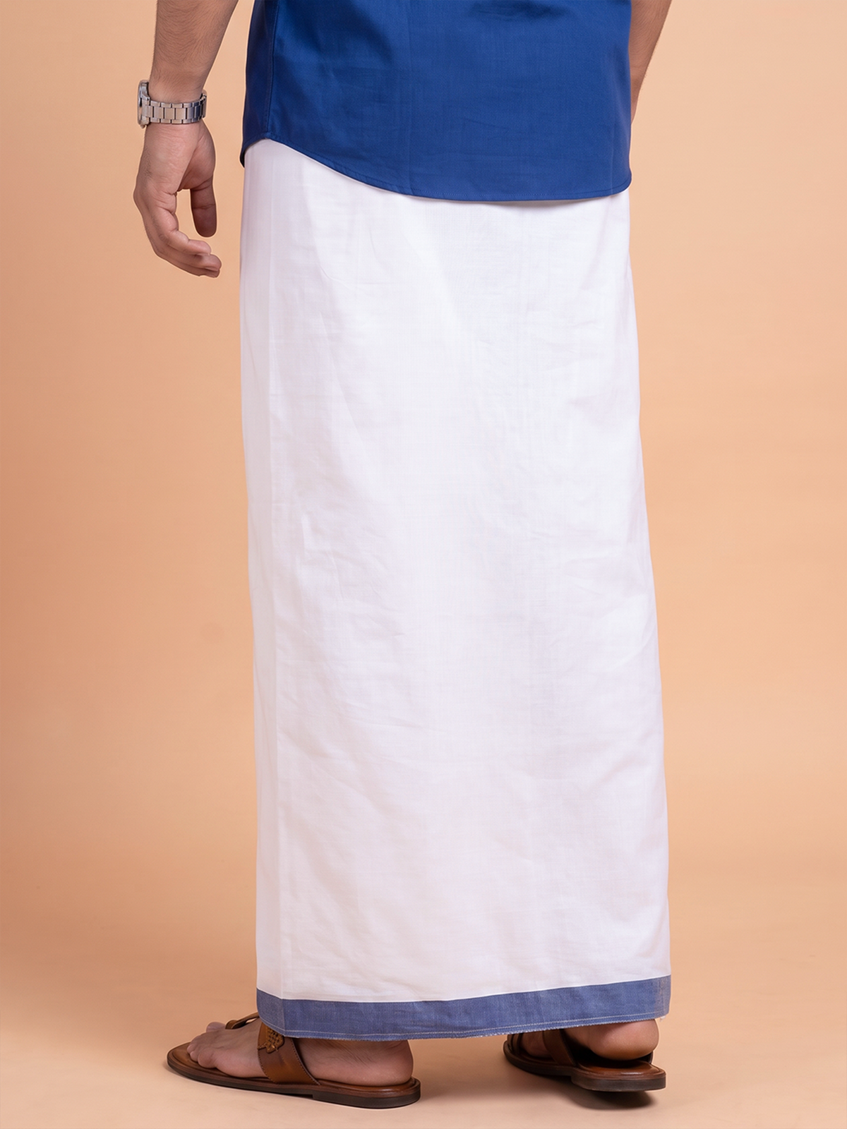 Double Layer Cotton Blend White Dhoti With Fancy Gold Jari Border TGJF08