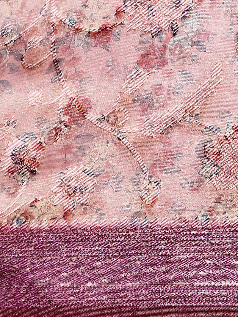 Womens Semi Linen Pink & Light Sandal Flower Printed Embroidery Saree SLPE10