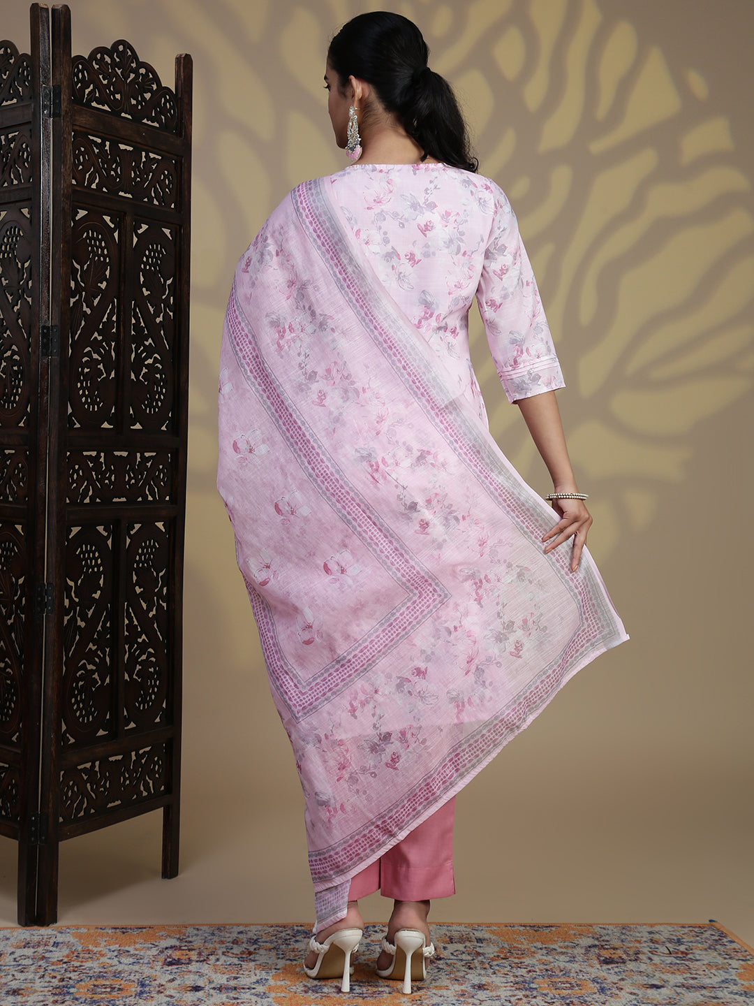Women Semi Linen Printed Kurti Set Light Pink EKS93