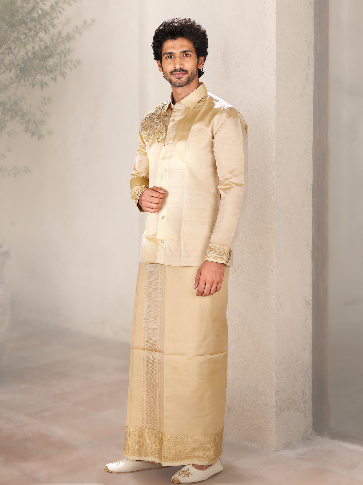 LAGNAA Premium Pure Tussar Silk Hand Embroidered Regal Leaf Chest Motif Designer Shirt & Dhoti Set | Mahavara