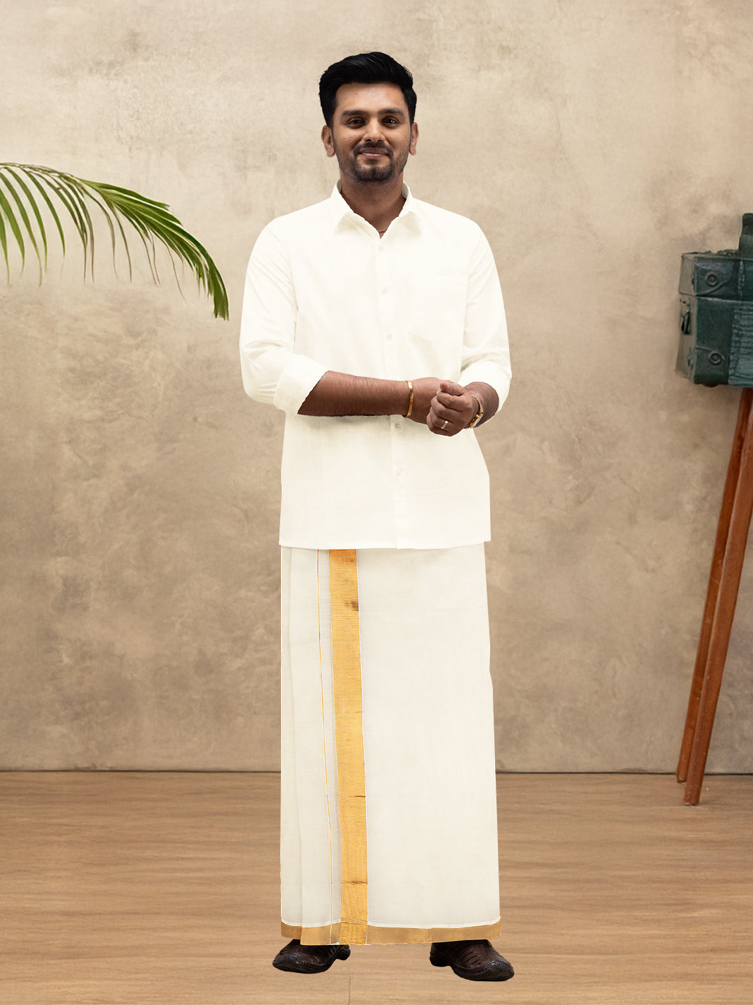 Men Kora Cotton Double Layer Cream Dhoti with 2"inch Gold Jari Border Mangal
