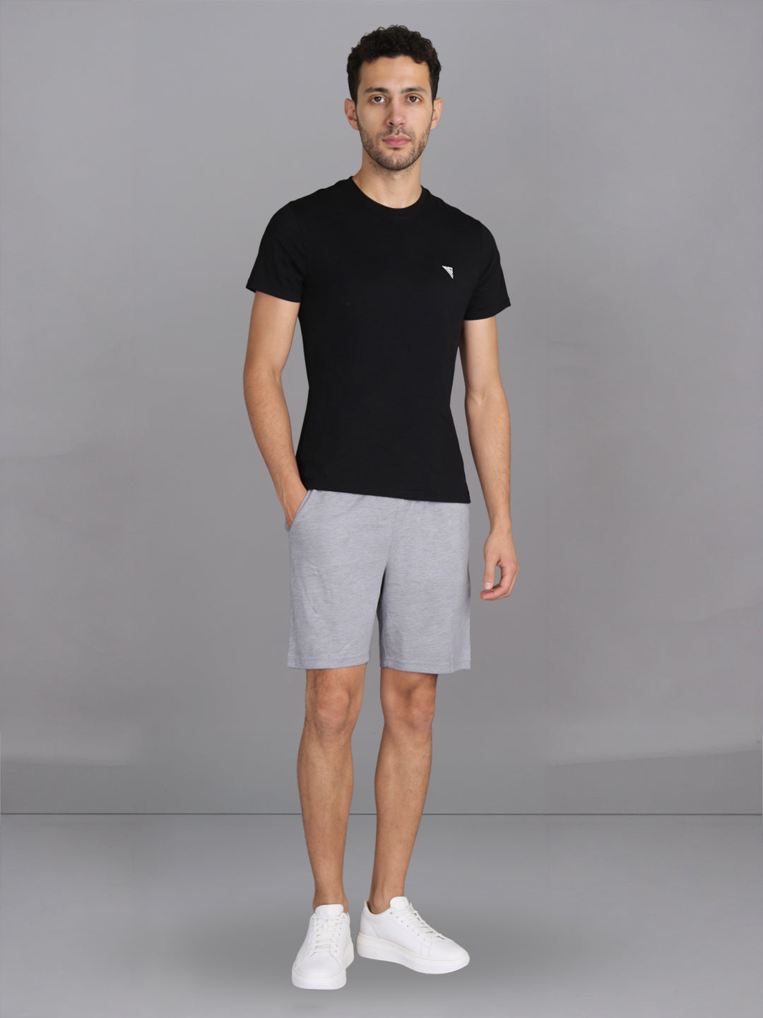 Men Black Crew neck T-Shirt with Grey Shorts Combo ES3