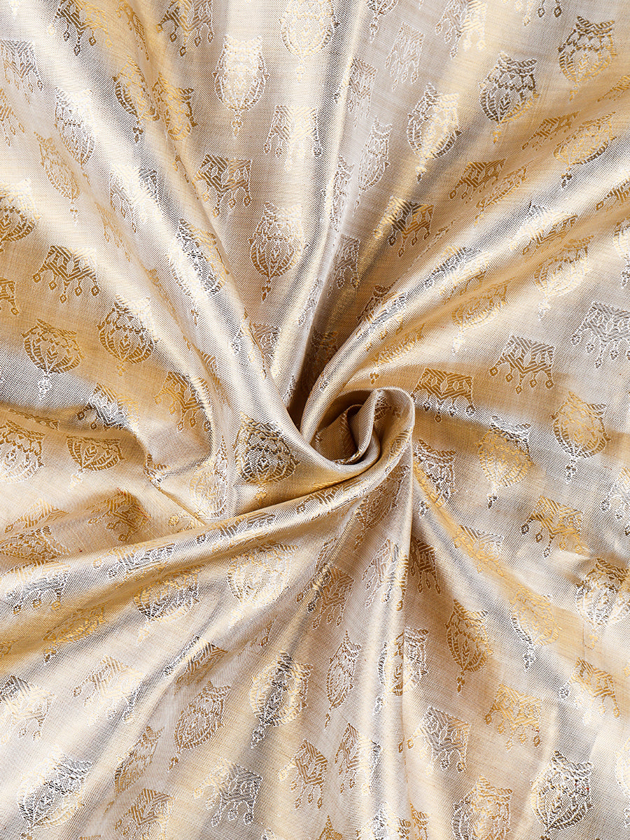 Mens Pure Silk Gold Colour Tissue Shirting with 5" Gold Jari Dhoti & Angavasthram Set Rajadharbar-Zoom view