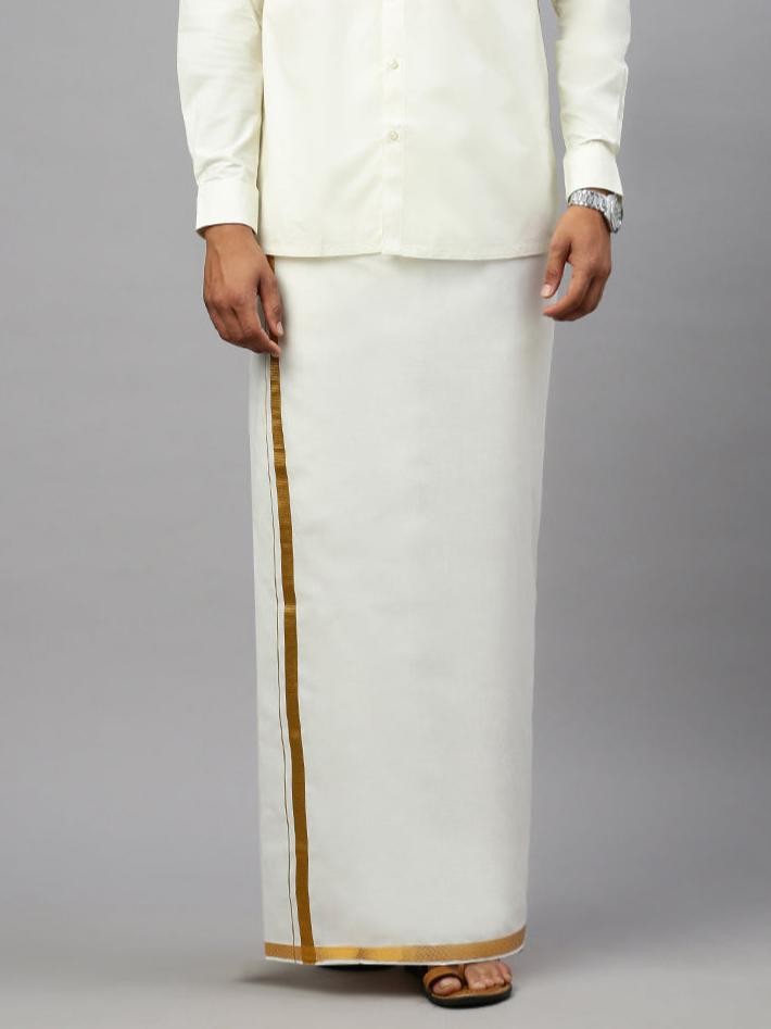 Men Double Dhoti Cream with Gold Jari Border Gold Mineral