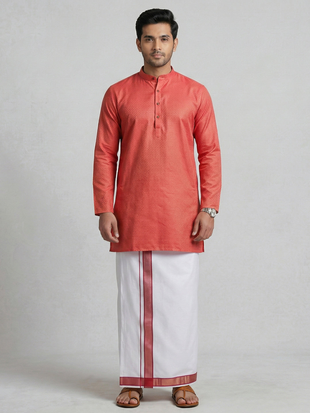 Men Reddish Pink Medium Length Kurta with Matching Border Dhoti Set MHJ3