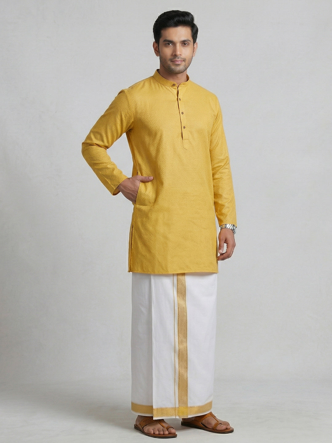 Men Mustard Yellow Medium Length Kurta with Matching Border Dhoti Set MHJ2