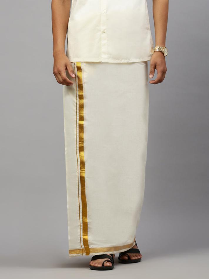 Men Cotton Cream Double Dhoti with 1" inch  Gold Jari Border Golden Mark