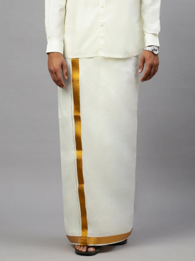 Men  100% Cotton Double Layer Cream Dhoti with 1 1/2" Jari Border Gold Fine Plain