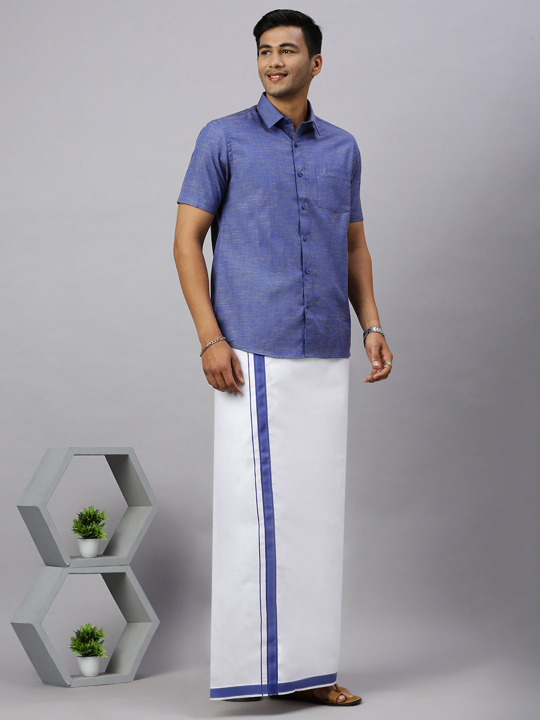 Mens Evolution Blue Matching Border Dhoti & Half Sleeves Shirt Set