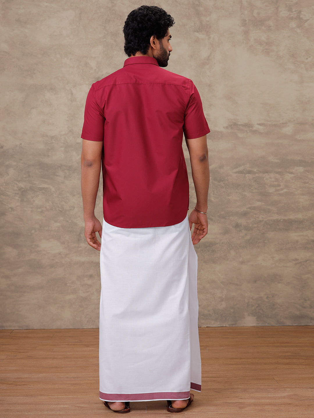 Men Dark Burgundy Shirt With Matching Border Dhoti Set Trendy